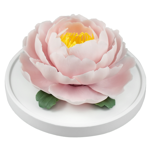 Luxury ceramic flower scent diffuser for home in pink, peony, displayed from side