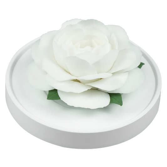 Luxury ceramic flower scent diffuser for home in ivory, camellia, displayed from side