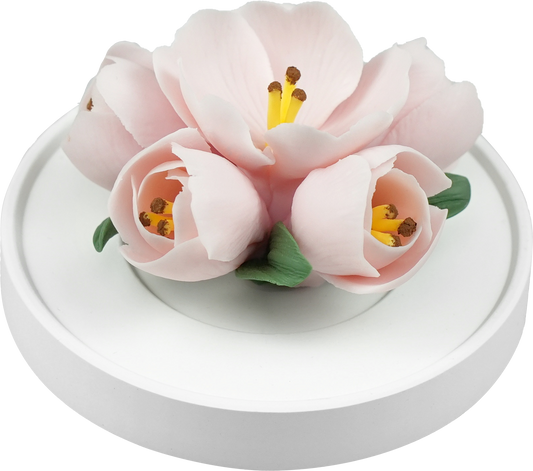 Luxury ceramic flower scent diffuser for home in pale pink, tulip, displayed from side
