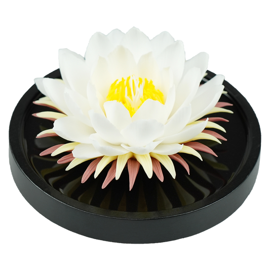 Luxury ceramic flower scent diffuser for home in white, water lily, displayed from side