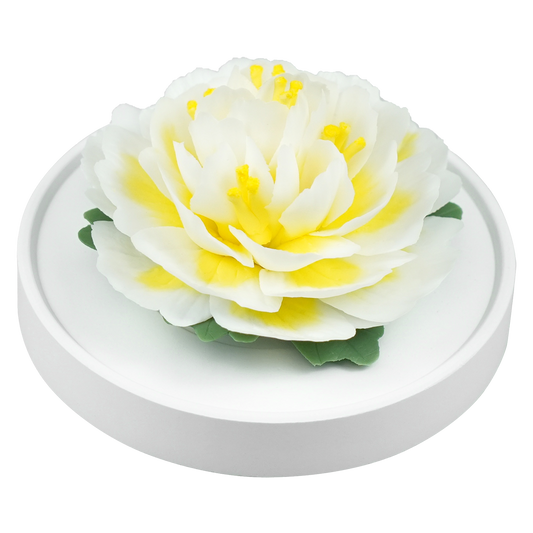 Luxury ceramic flower scent diffuser for home in wihte-yellow, azalea, displayed from side
