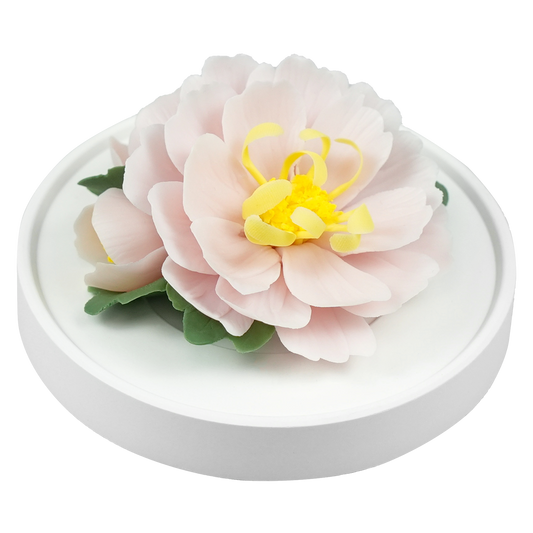 Luxury ceramic flower scent diffuser for home in pink, tree peony, displayed from side