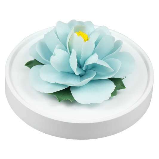 Luxury ceramic flower scent diffuser for home in pale blue, peony, displayed from side