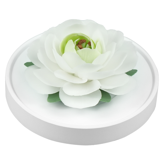 Luxury ceramic flower scent diffuser for home in white, camellia, displayed from side
