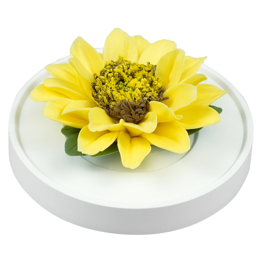 Luxury ceramic flower scent diffuser for home in yellow, sunflower, displayed from side