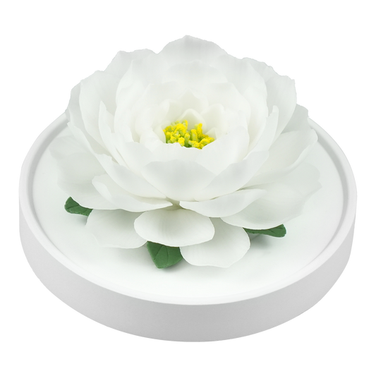 Luxury ceramic flower scent diffuser for home in white, peony, displayed from side