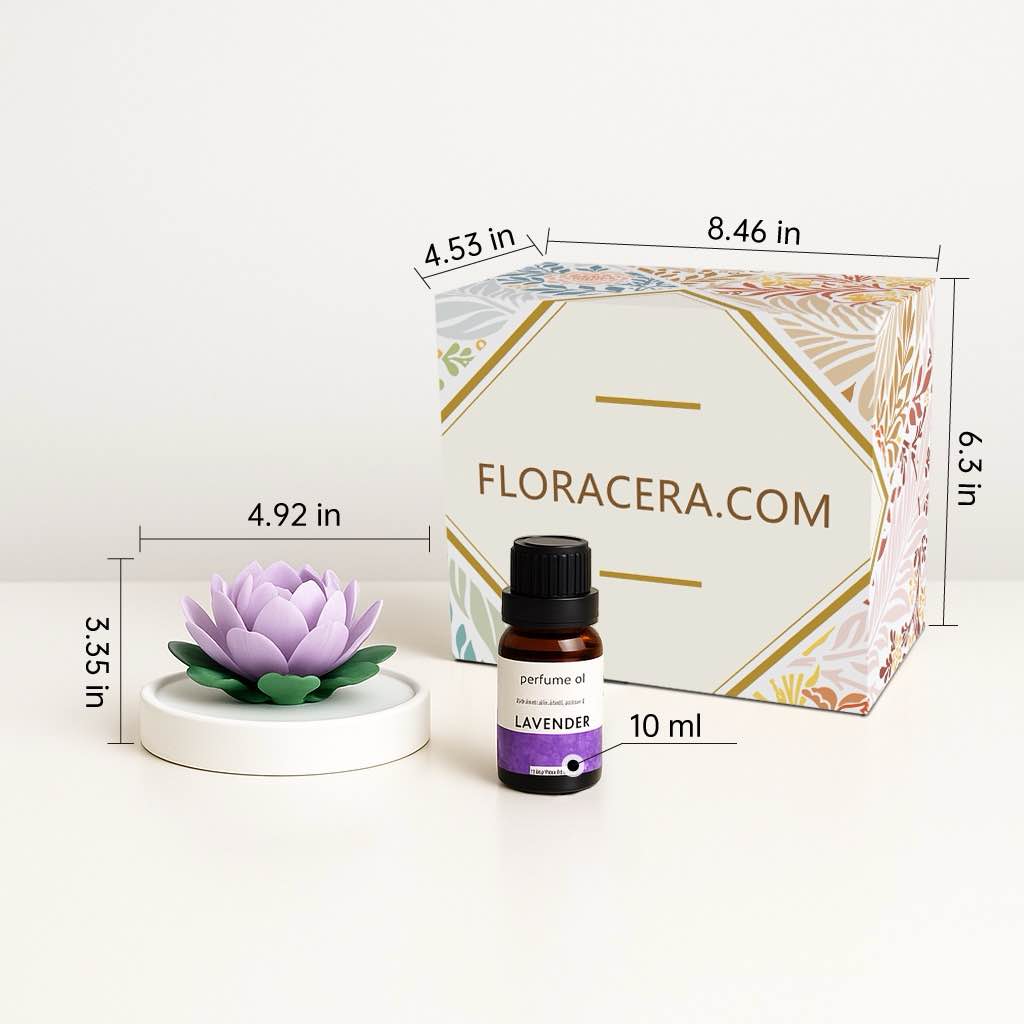 Packaging of a handmade luxury aroma diffuser featuring a ceramic flower design