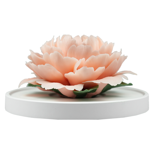 Luxury ceramic flower scent diffuser for home in peach pink, peony, displayed from front