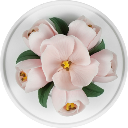 Luxury ceramic flower scent diffuser for home in pale pink, tulip, displayed from above