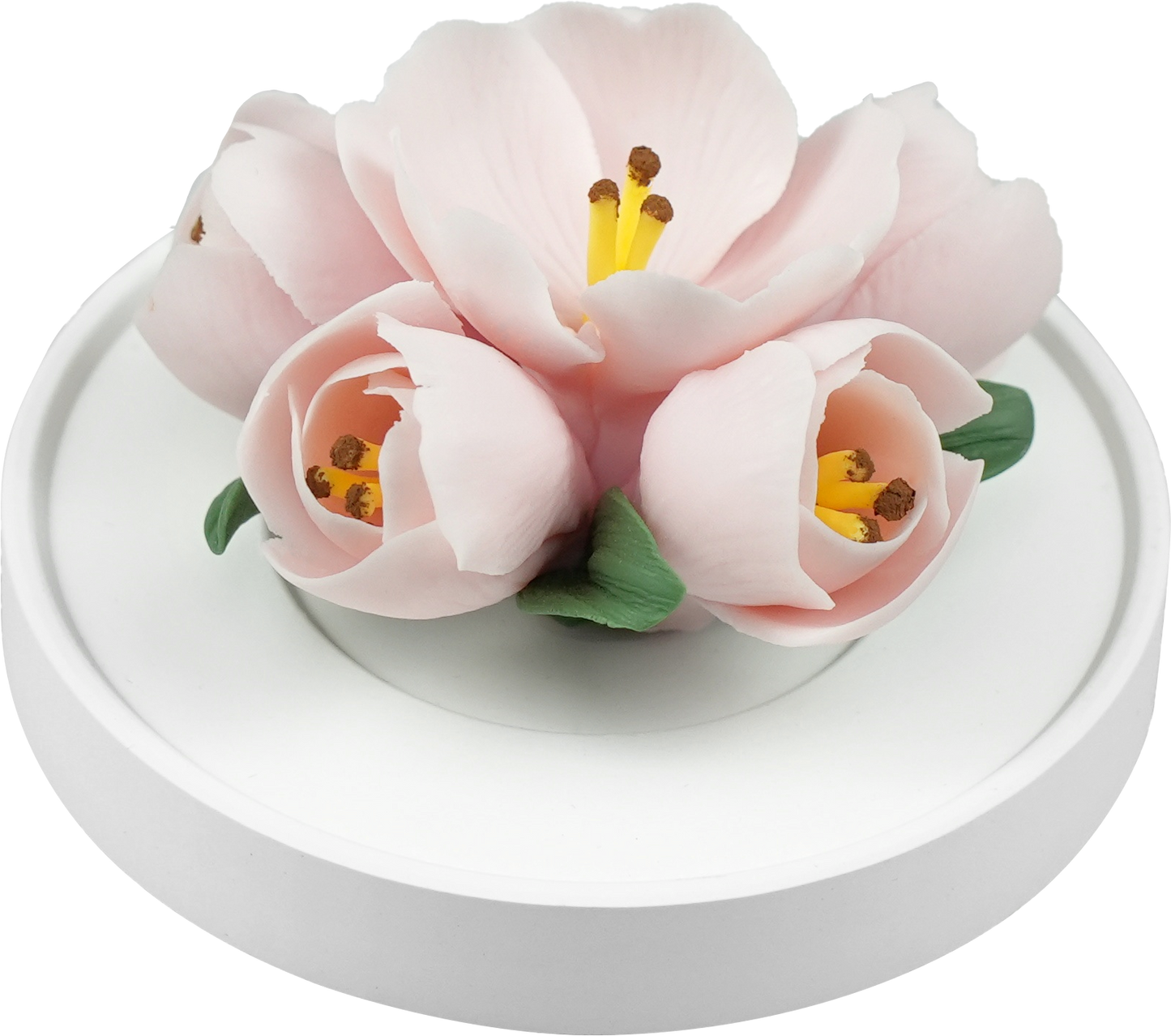 Luxury ceramic flower scent diffuser for home in pale pink, tulip, displayed from side