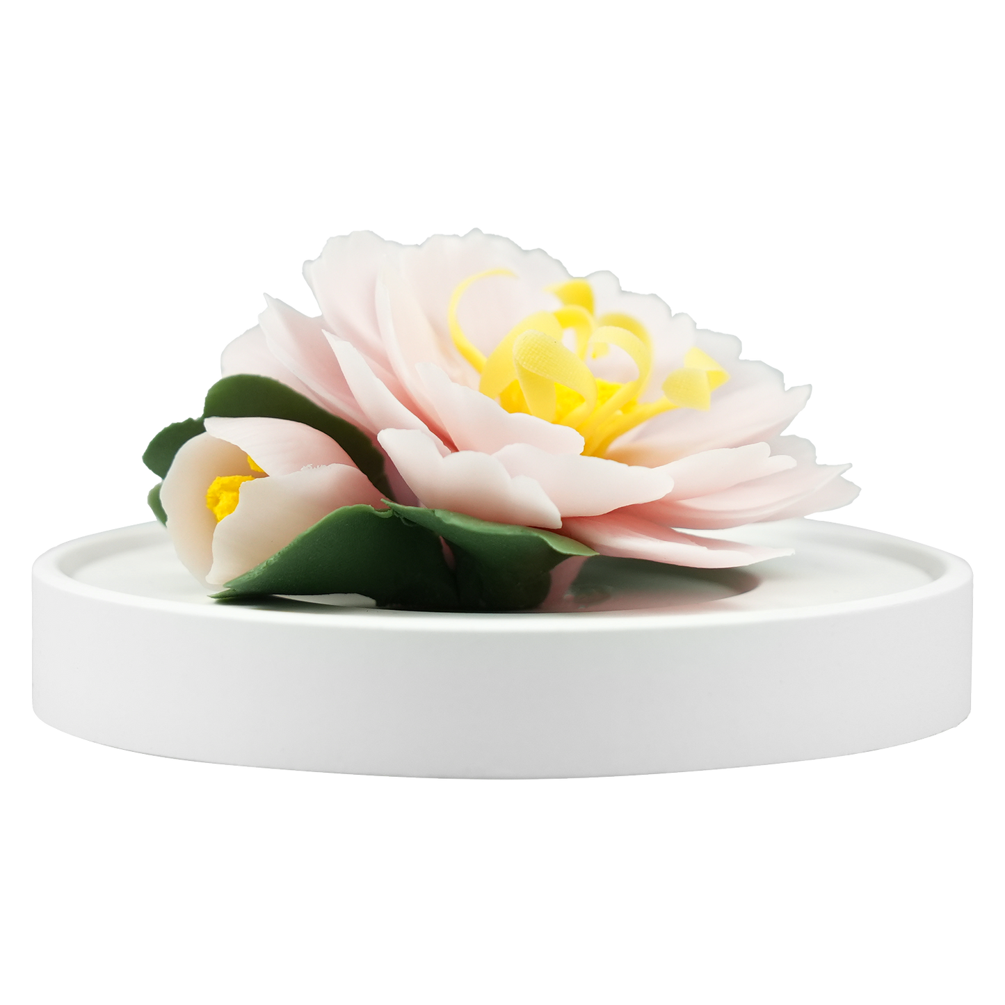 Luxury ceramic flower scent diffuser for home in pink, tree peony, displayed from front