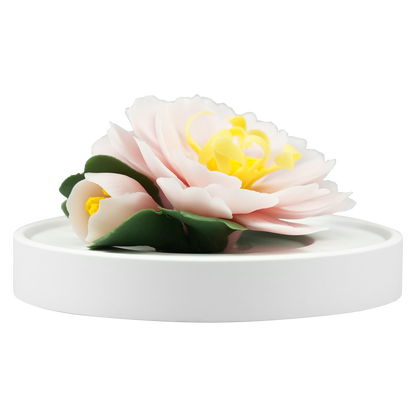 Luxury ceramic flower scent diffuser for home in pink, tree peony, displayed from front