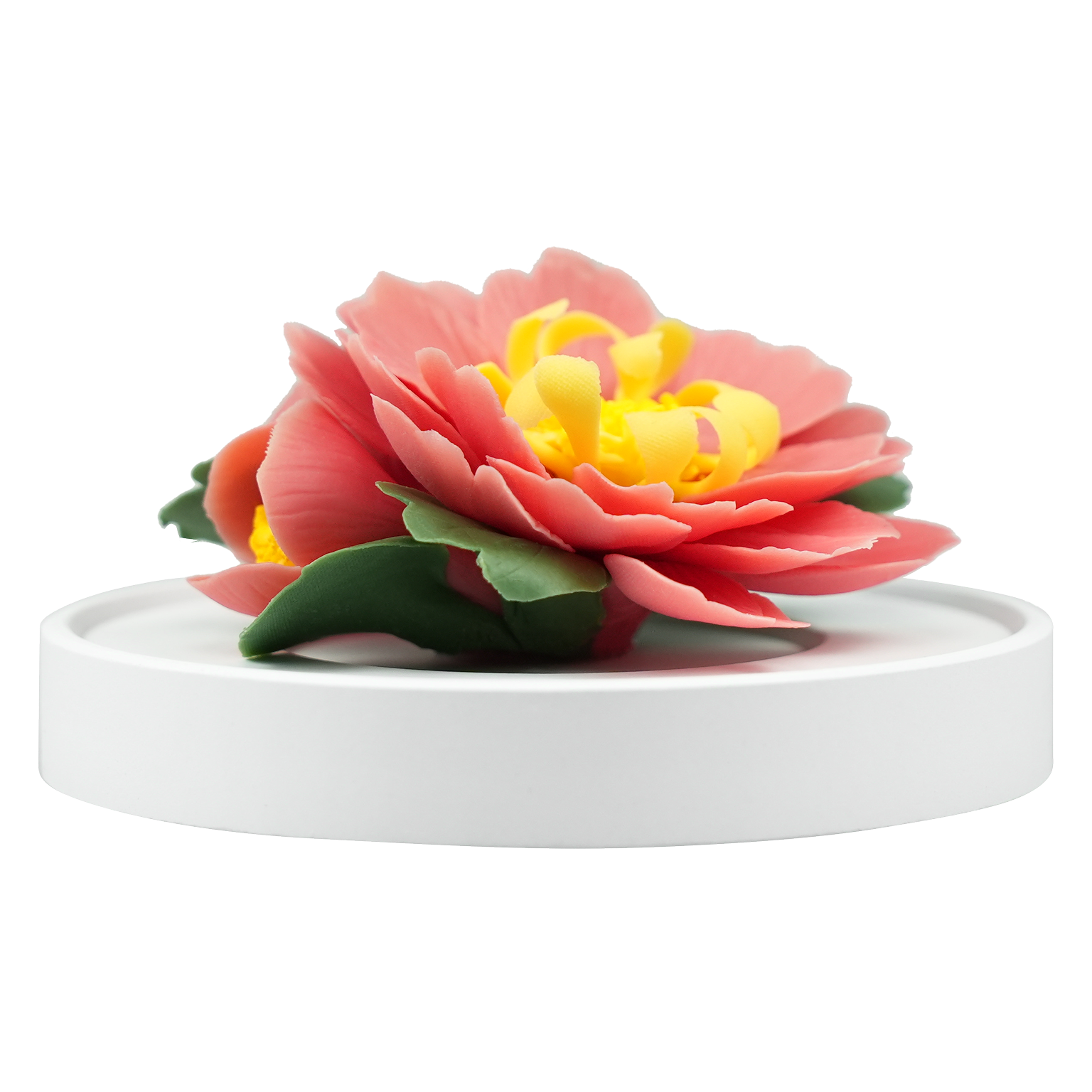 Luxury ceramic flower scent diffuser for home in red, tree peony, displayed from front