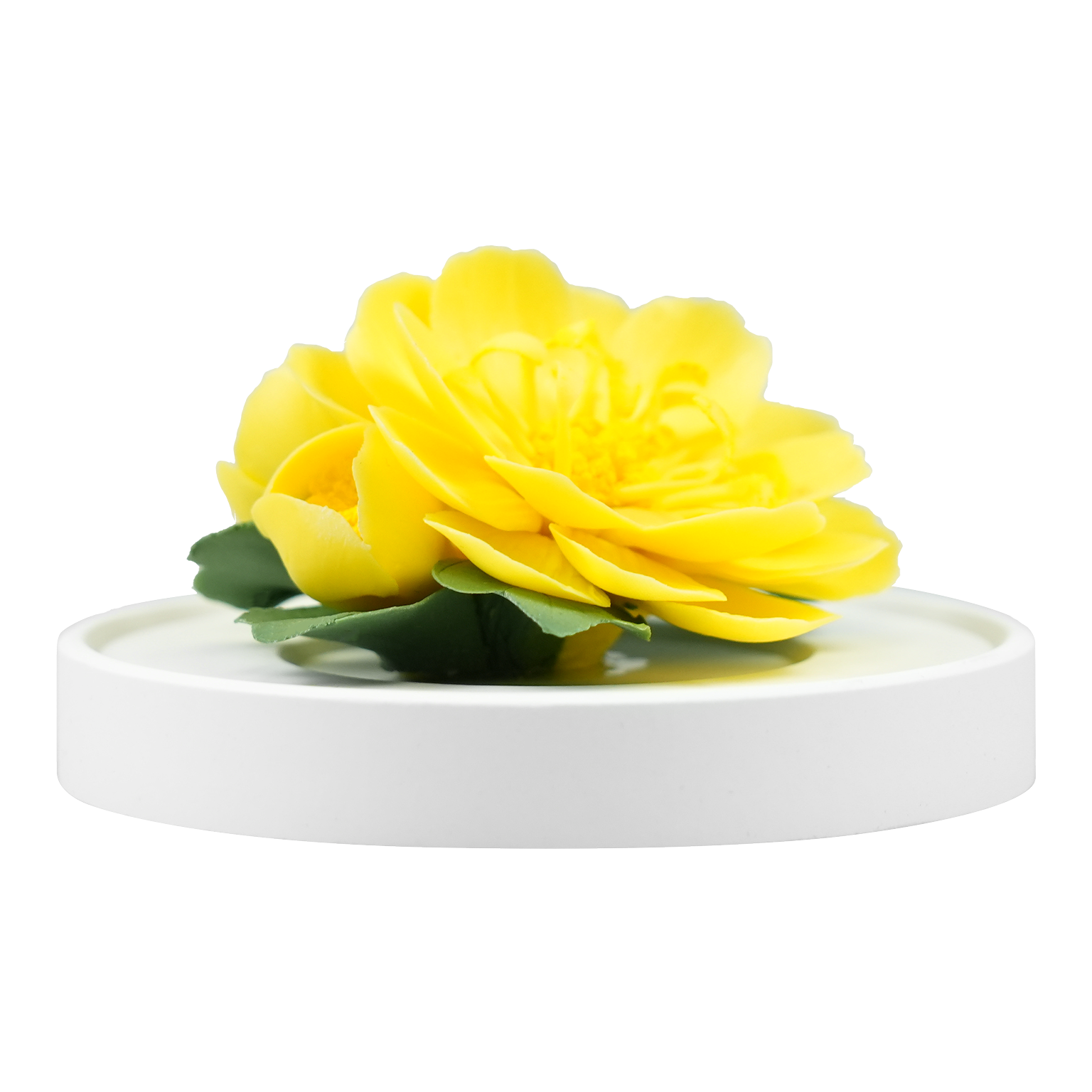 Luxury ceramic flower scent diffuser for home in yellow, ranunculus , displayed from front
