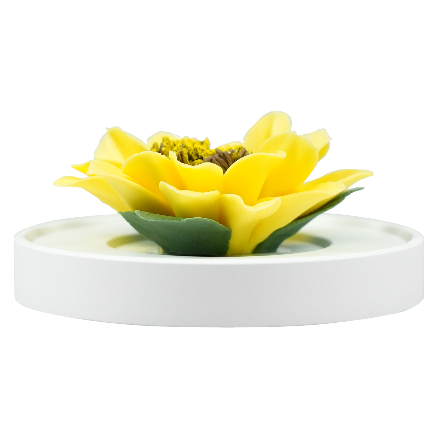 Luxury ceramic flower scent diffuser for home in yellow, sunflower, displayed from front