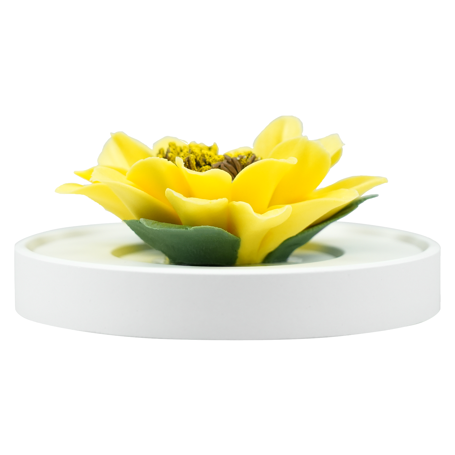 Luxury ceramic flower scent diffuser for home in yellow, sunflower, displayed from front