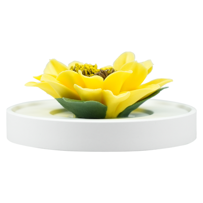 Luxury ceramic flower scent diffuser for home in yellow, sunflower, displayed from front
