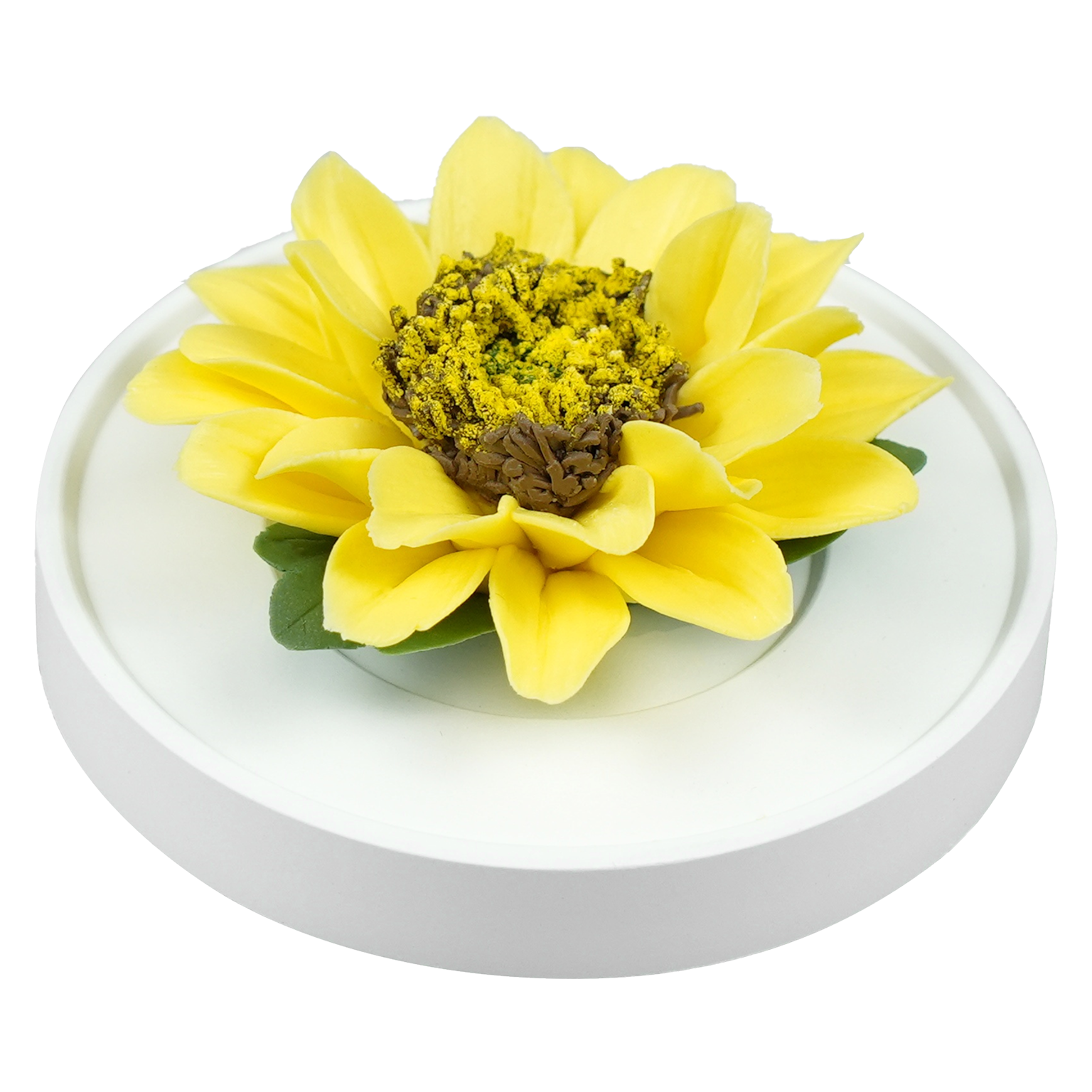 Luxury ceramic flower scent diffuser for home in yellow, sunflower, displayed from side