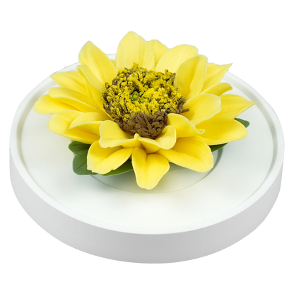 Luxury ceramic flower scent diffuser for home in yellow, sunflower, displayed from side