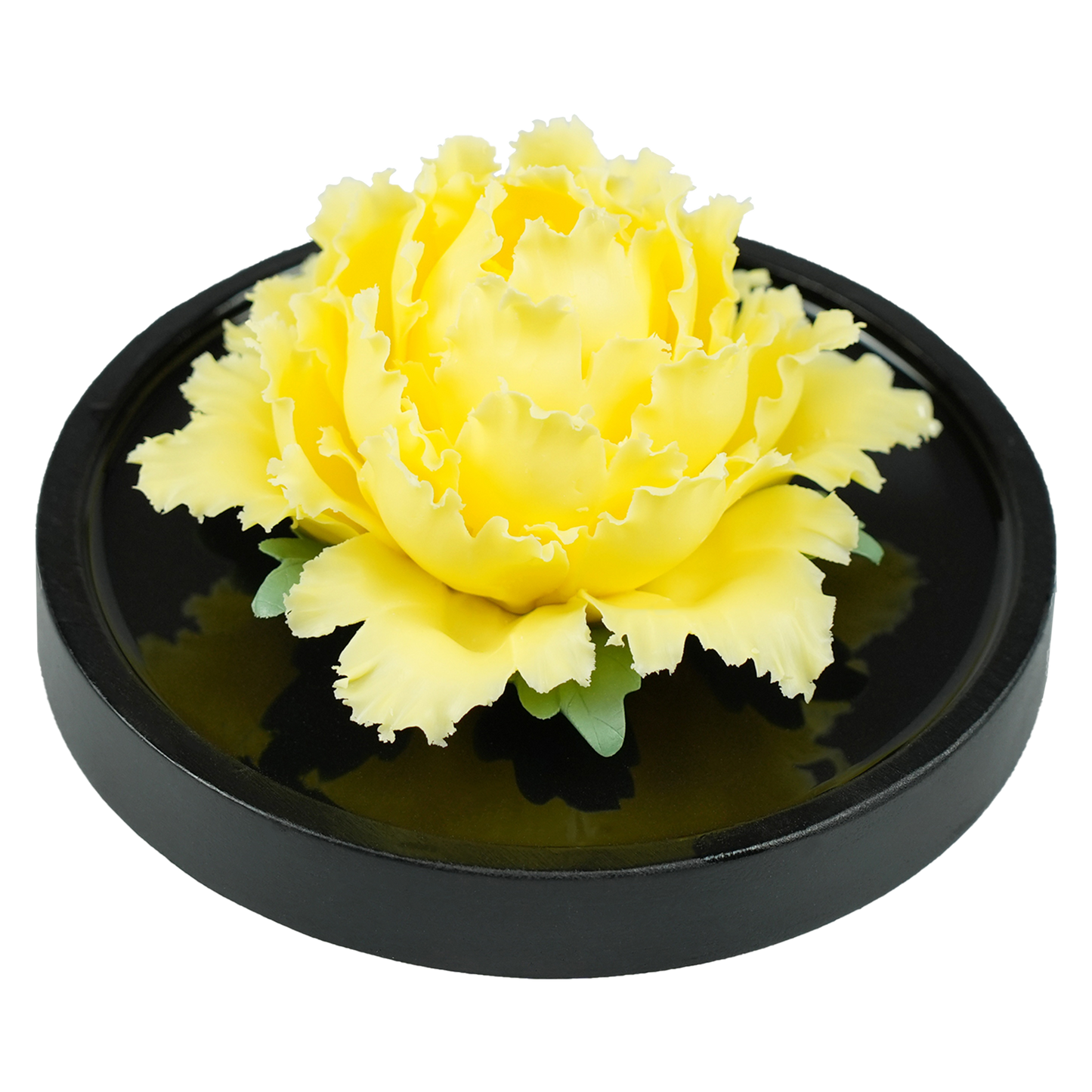 Luxury ceramic flower scent diffuser for home in bright yellow, peony, displayed from side