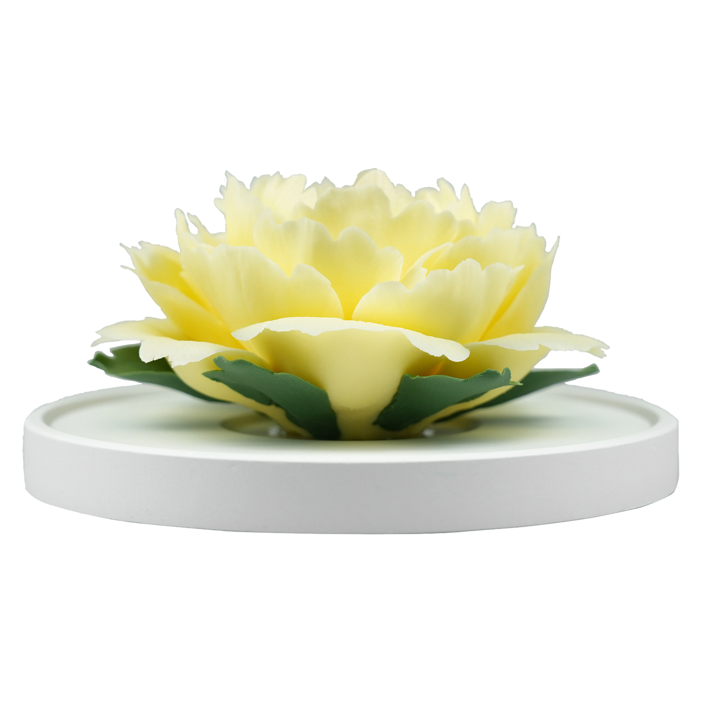 Luxury ceramic flower scent diffuser for home in pale yellow, peony, displayed from front