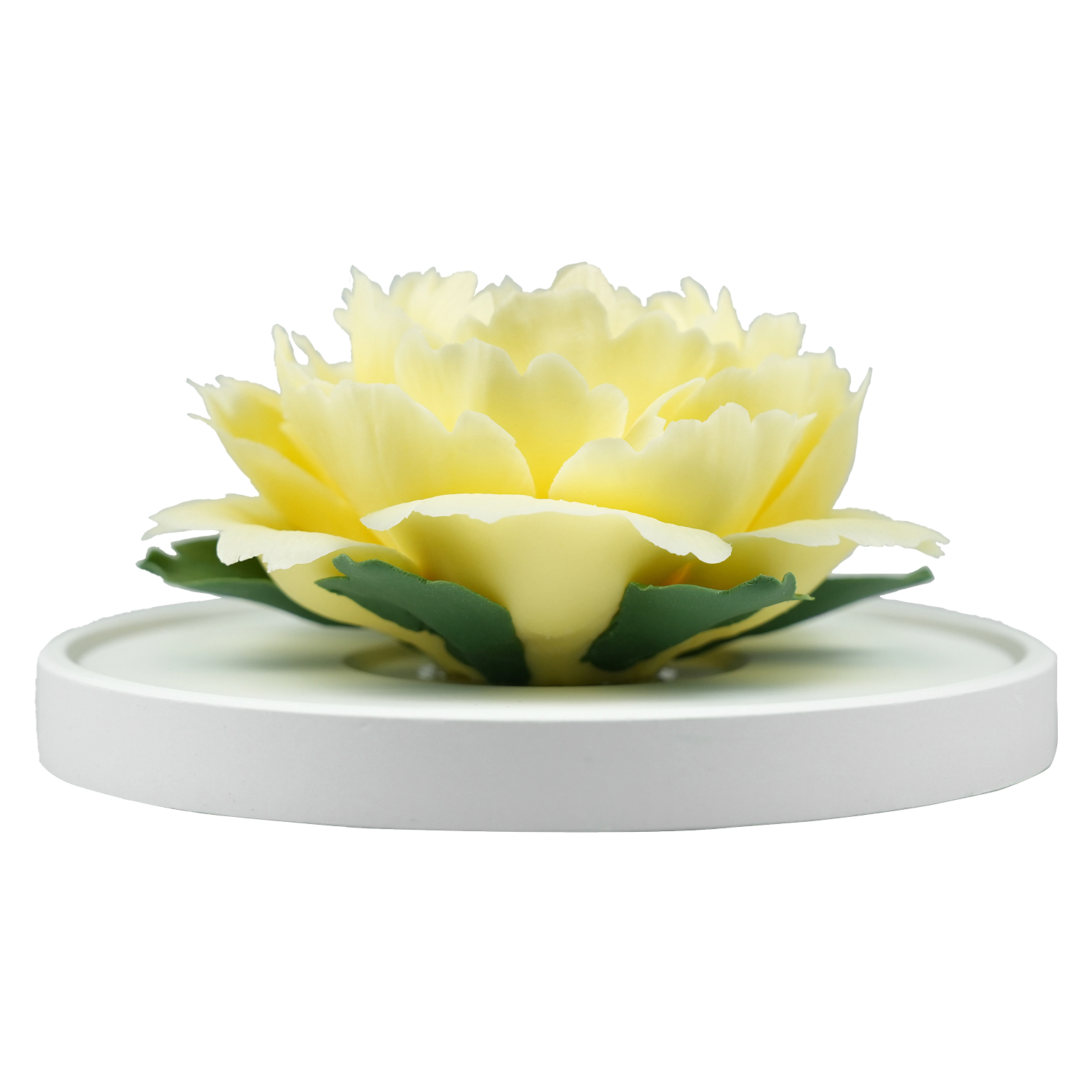 Luxury ceramic flower scent diffuser for home in pale yellow, peony, displayed from front
