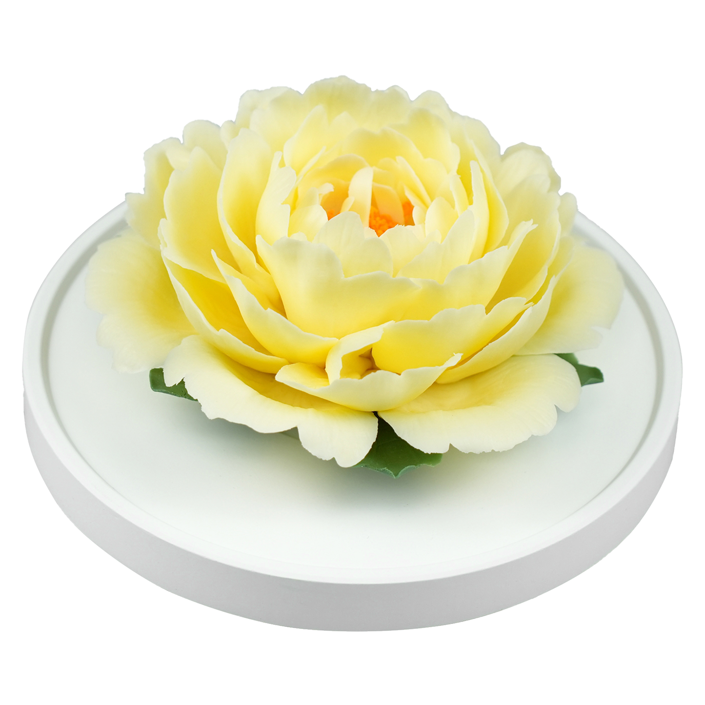 Luxury ceramic flower scent diffuser for home in pale yellow, peony, displayed from side